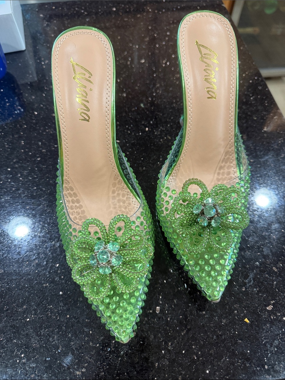 Liliana Green Crystal-Embellished Pointed Toe Mules